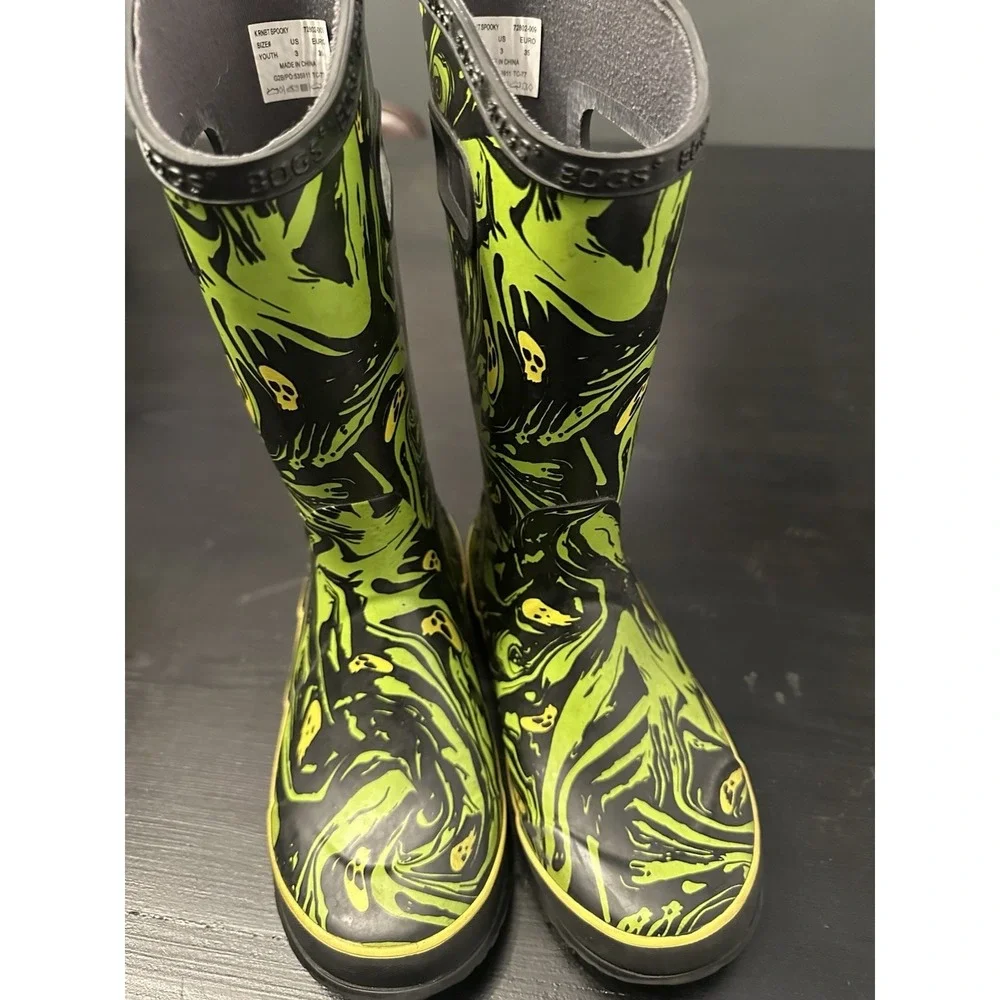 Bogs Rain Boots Youth Unisex 3 Neo Classic Spooky Yellow Green Waterproof Rubber